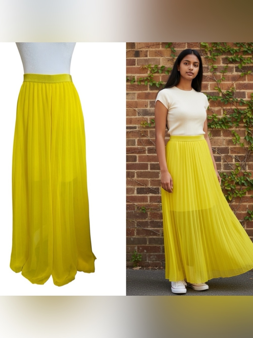 Ann Taylor XS Pleated Chiffon Maxi Skirt Yellow Chartreuse Flowy Side Zip
